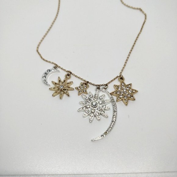 LC Celestial Pendent Necklace Moon Stars Starburst Gold Silver Tone Rhinestones - Picture 1 of 6